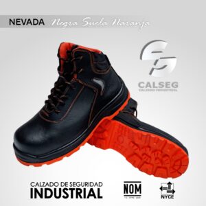 Calzado de Seguridad Industial Modelo Borcegui Nevada Negra Suela Naranja marca CALSEG
